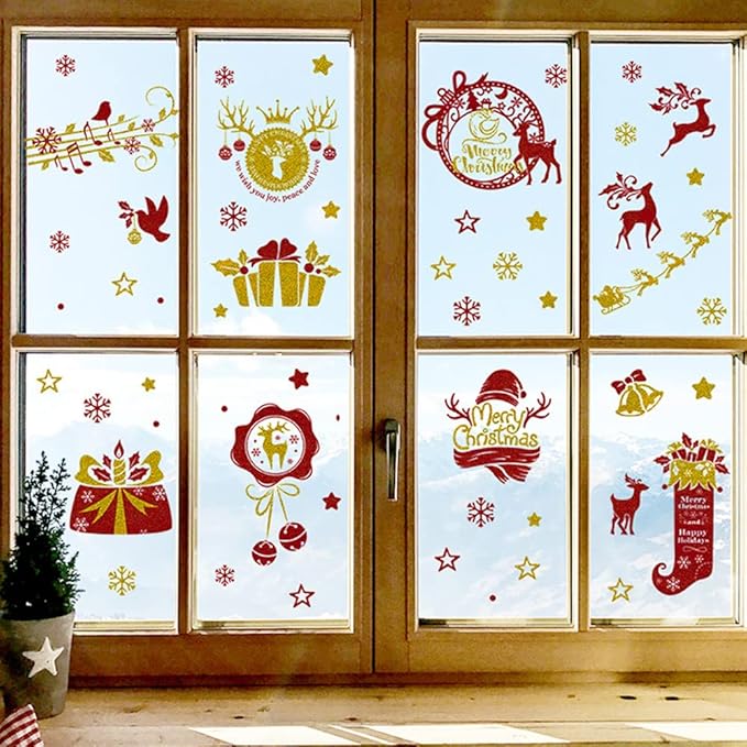 圣诞闪光窗贴玻璃圣诞窗户装饰圣诞窗户贴纸与鹿雪人树礼物雪花花星星